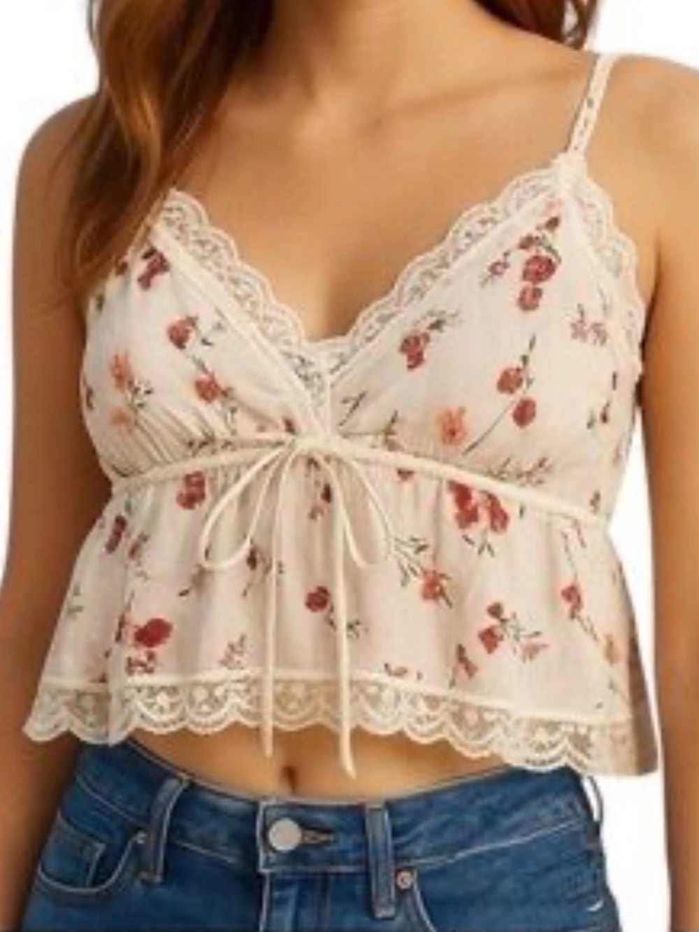 3/$15 
AMERICAN EAGLE WHITE LACE-TRIM FLORAL CAMI